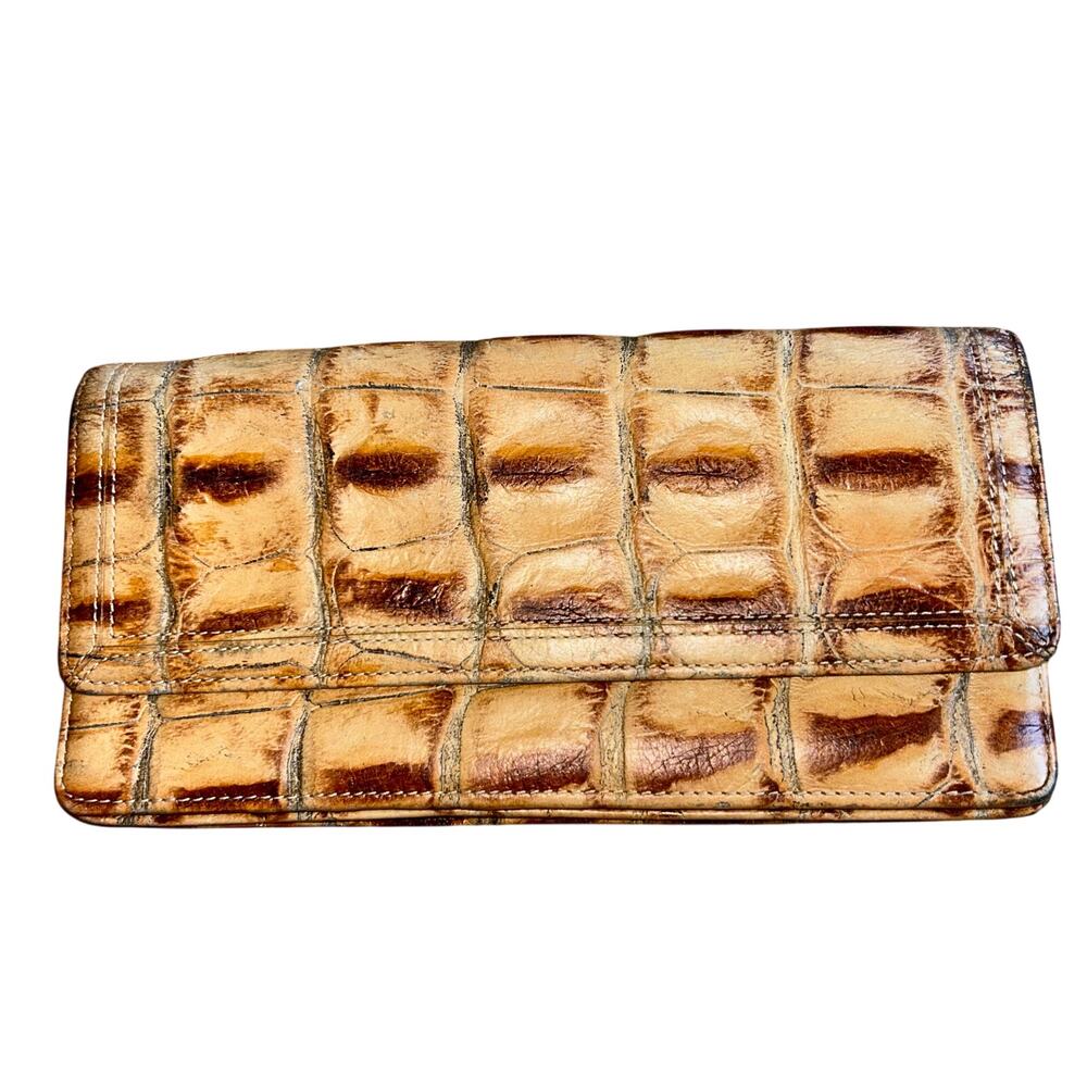 Fiocci long crocodile leather wallet toasted almond brown color red interior